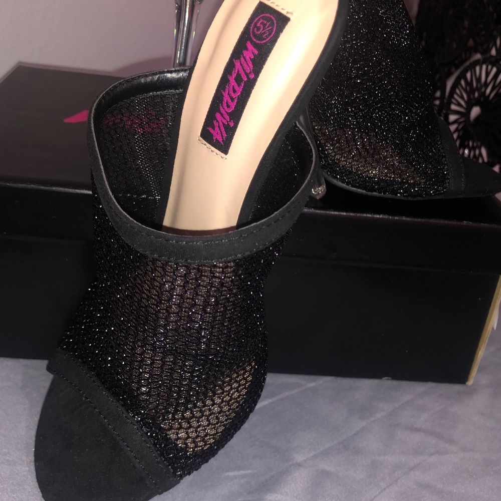 Black glittered mesh heels